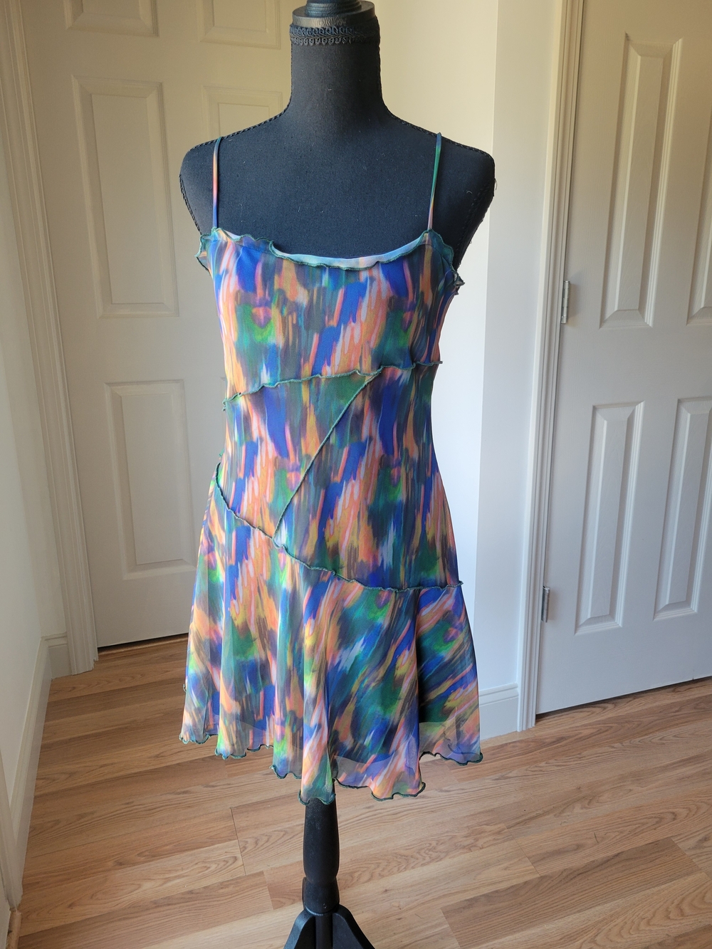 Urban Outfitters Y2K Moxie Multi Mesh Mini Slip Dress Abstract Print Size S